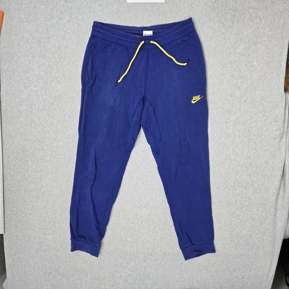 Nike Men Pants L Blue Embroidered Sweatpants Fleece Joggers READ
